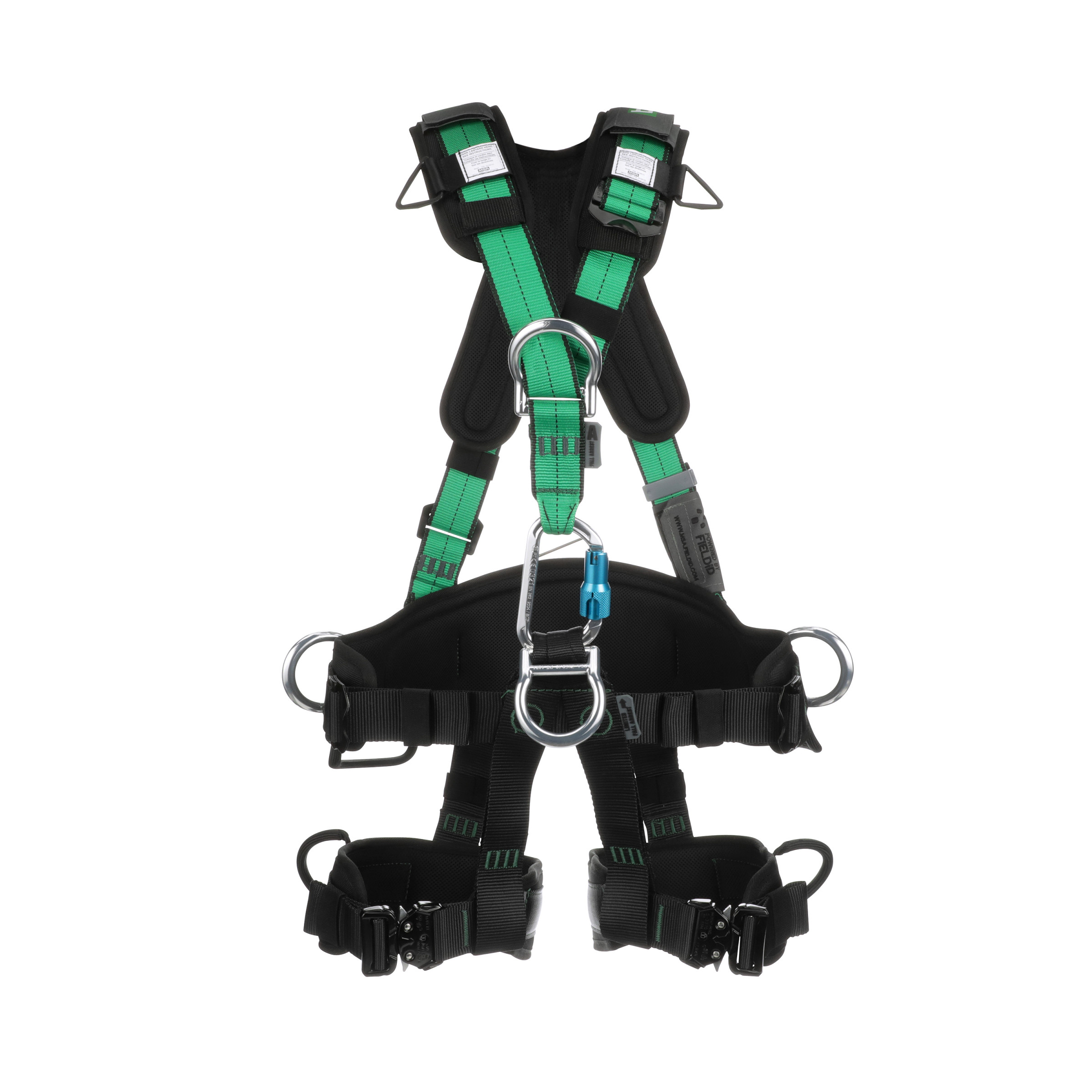 Gravity Suspension Harness, Aluminum BACK, FRONT, VENTRAL & HIP D-rings, Lumbar, Shoulder & Leg Padding, Green Web, Large